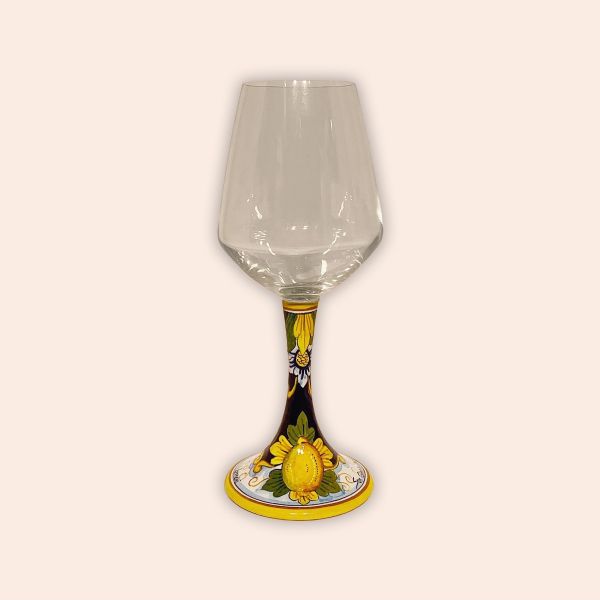 ELEGANT LEAD-FREE  CRYSTAL GLASS WITH CERAMIC STEM:  LEMONS ON BLUE DESIGN cm.23h